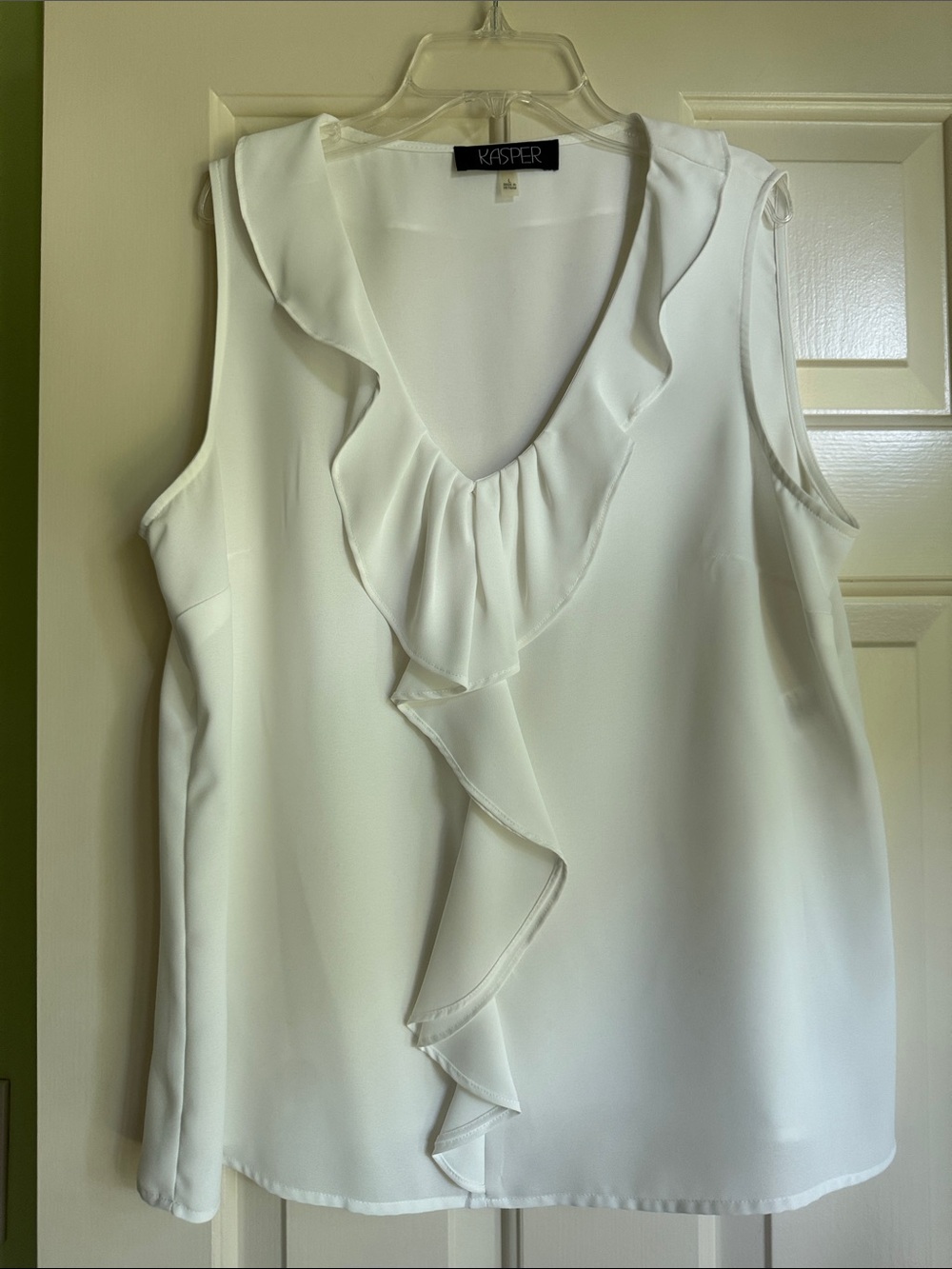 Kasper White Ruffle V-Neck Sleeveless Blouse